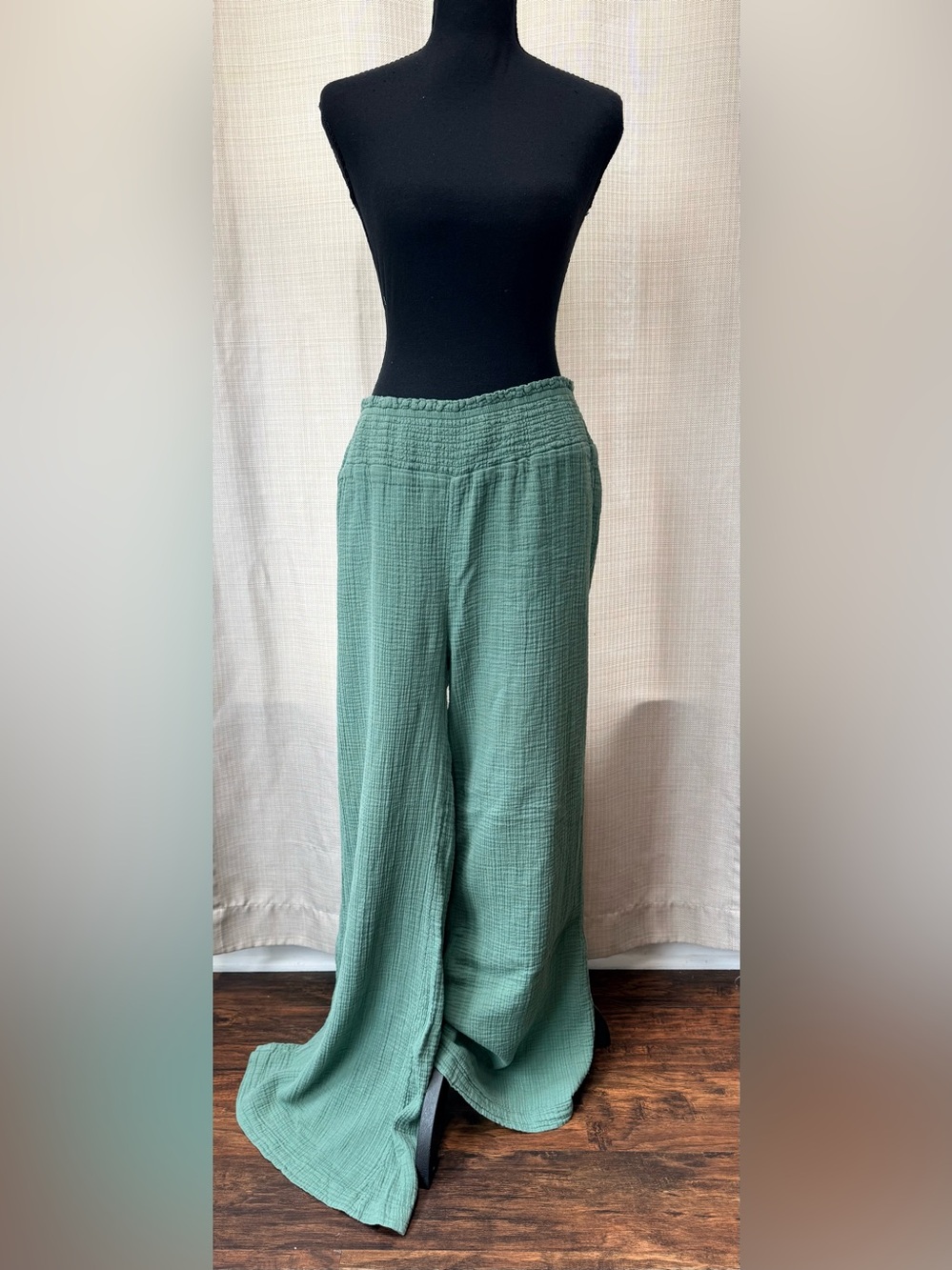 Wonderly Green Gauze Wide Leg Pull-on Cotton Pants Sz L (XL Fit) Boho Coastal